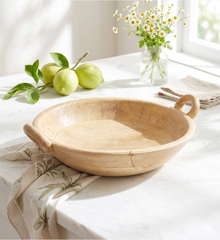Home Deco and More Natural Wood Round Handled Bowl, Beige, 30x35-cm, Packshot View