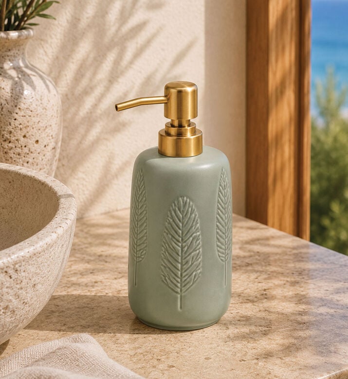 Home Deco and More Stoneware Leaf Motif Soap Dispenser, Green, Packshot View