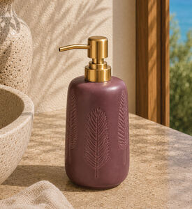 Home Deco and More Stoneware Leaf Motif Soap Dispenser, Purple, Packshot View