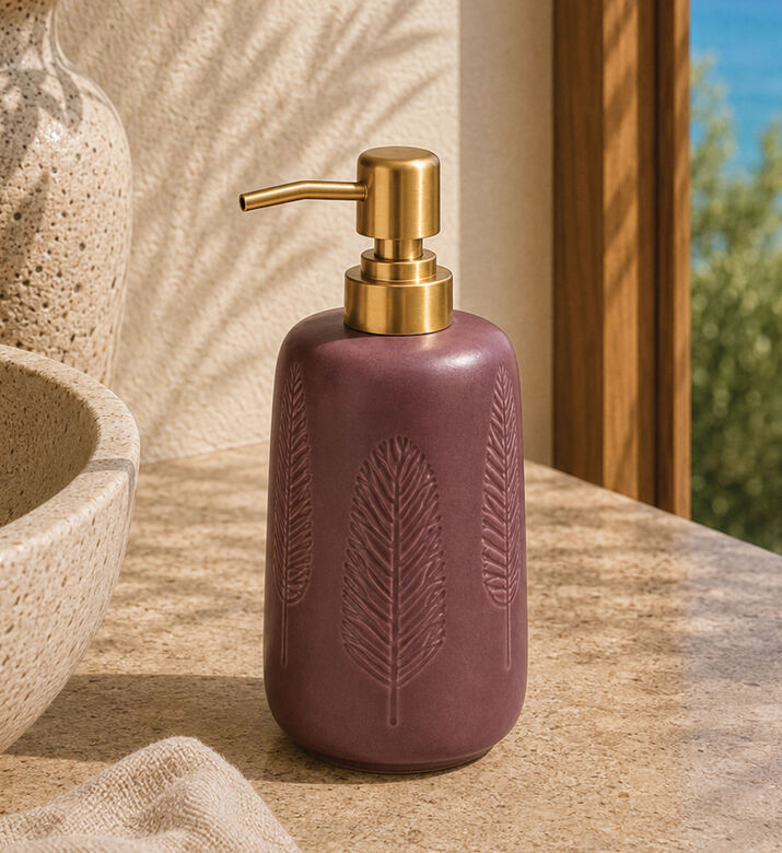 Home Deco and More Stoneware Leaf Motif Soap Dispenser, Purple, Packshot View