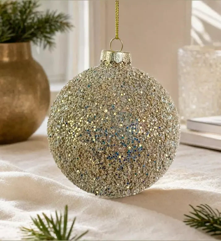 Shishi Glitter Glass Ball Ornament, Cream, 10-cm, Model View