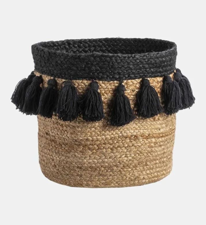Deko and Co Jute Pom Pom Basket, Black, 30x30-cm, Packshot View