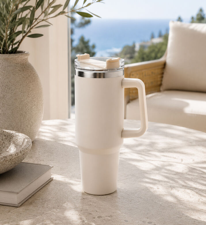 Home Deco and More Double-walled Vacuum Drinking Mug, White, Packshot View