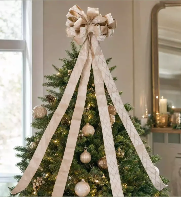 Home Deco and More Champagne Gold Silk Tree Topper Bow, Model View