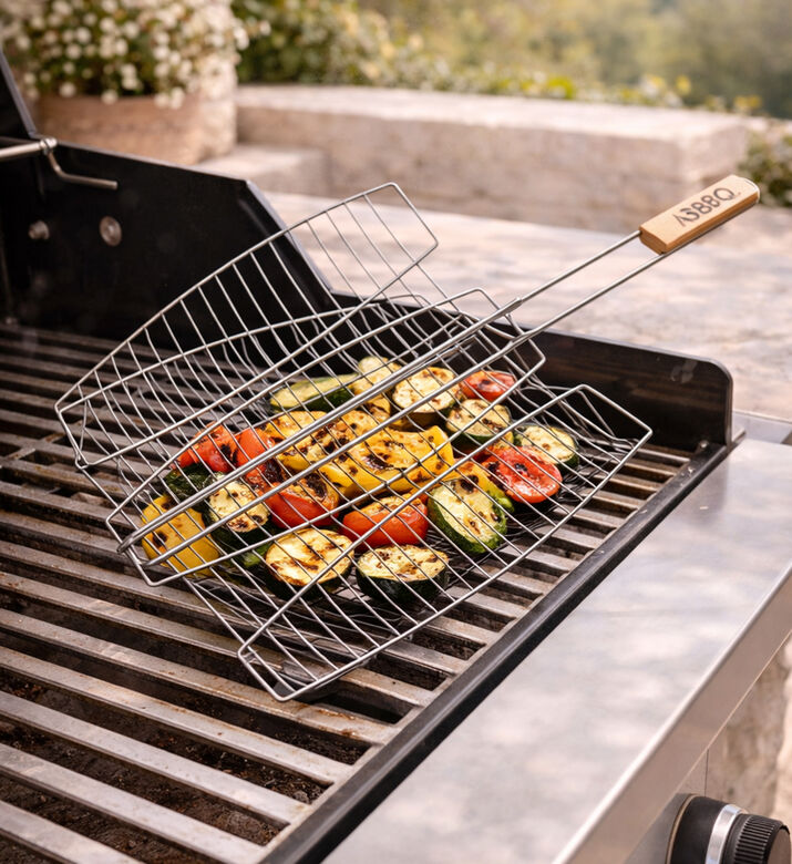 Vaggan Wood Handle Triple Fish Bbq Grill, Packshot View