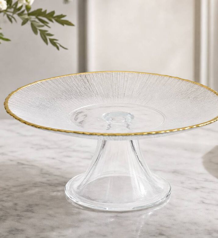 Home Deco and More Brushed Gold Shallow Cake Stand, Gold, 21-cm, Model View