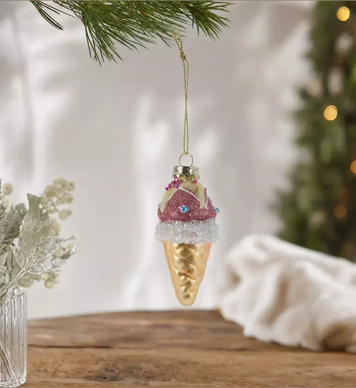 Home Deco and More Metallic Glittery Gold Ice Cream Ornament, Model View