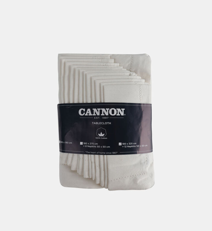 Cannon Hemstitched Cotton 12-piece Tablecloth Napkin Set, Ivory, 180x325-cm, Packshot View