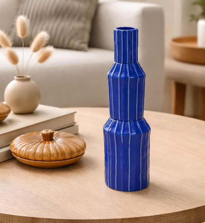 Kersten Ceramic Glazed Ribbed Vase, Blue, 9.2x9.2x34.3-cm, Packshot View
