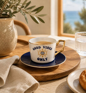 Home Deco and More Porcelain Good Vibes Coffee Cup & Saucer, Packshot View