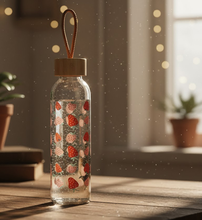 Glass Strawberry-print Bottle