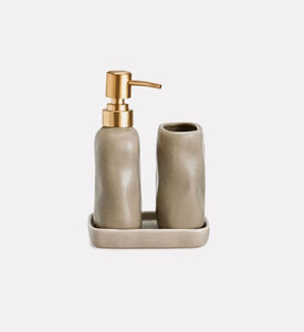 Home Deco and More Ceramic Three-piece Bathroom Set, Beige, Packshot View