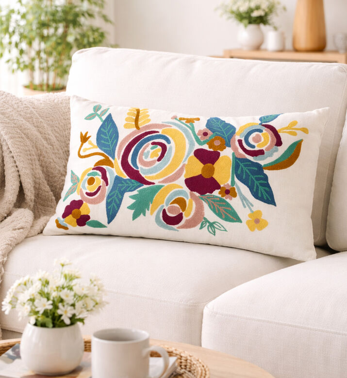 Home Deco and More Amelia Floral Embroidered Linen Cushion 35x60 Cm, Packshot View