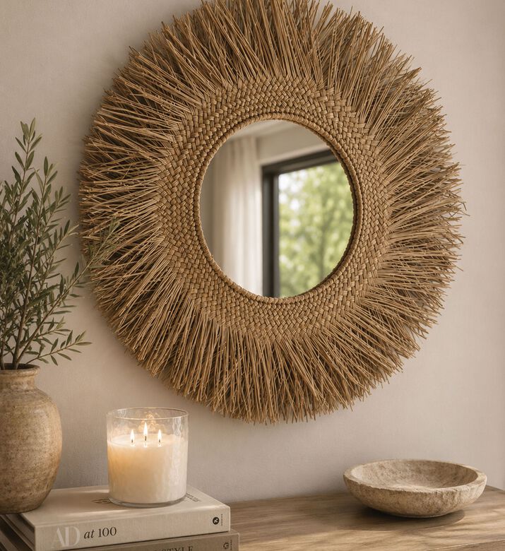 Home Deco and More Reed-frame Round Wall Mirror, Natural, 66-cm, Packshot View