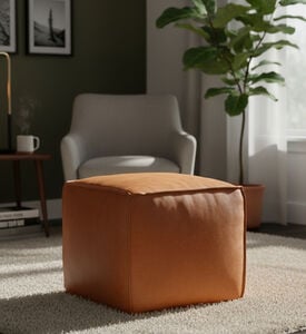 Home Deco and More Cuby Suede Leather Square Pouf, Terracotta, Packshot View
