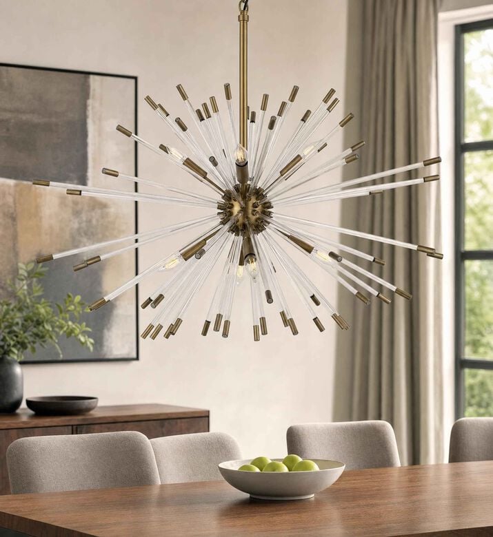 Home Deco and More Acrylic Antique Brass Rod Chandelier, Brown, M, Model View
