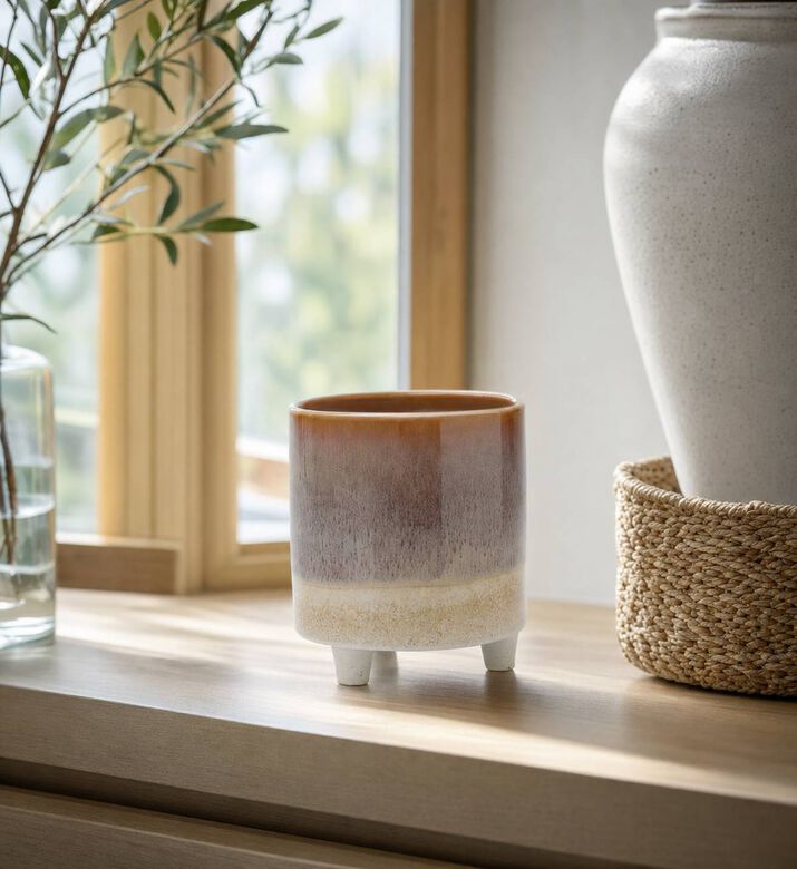 Home Deco and More Porcelain Footed Flower Pot, Brown, S, Model View