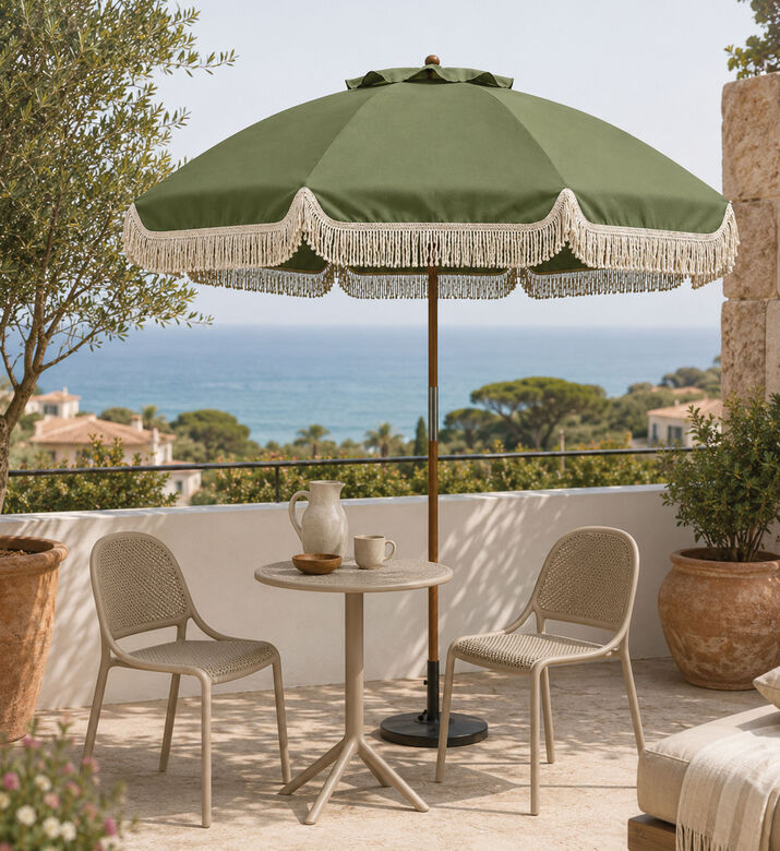 Home Deco and More Wooden Fringe Outdoor Umbrella, Green, 180-cm, Packshot View