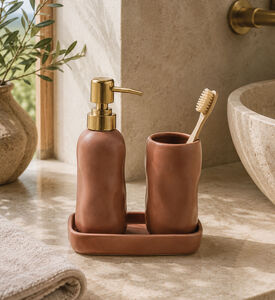 Home Deco and More Ceramic Three-piece Bathroom Set, Pink, Packshot View