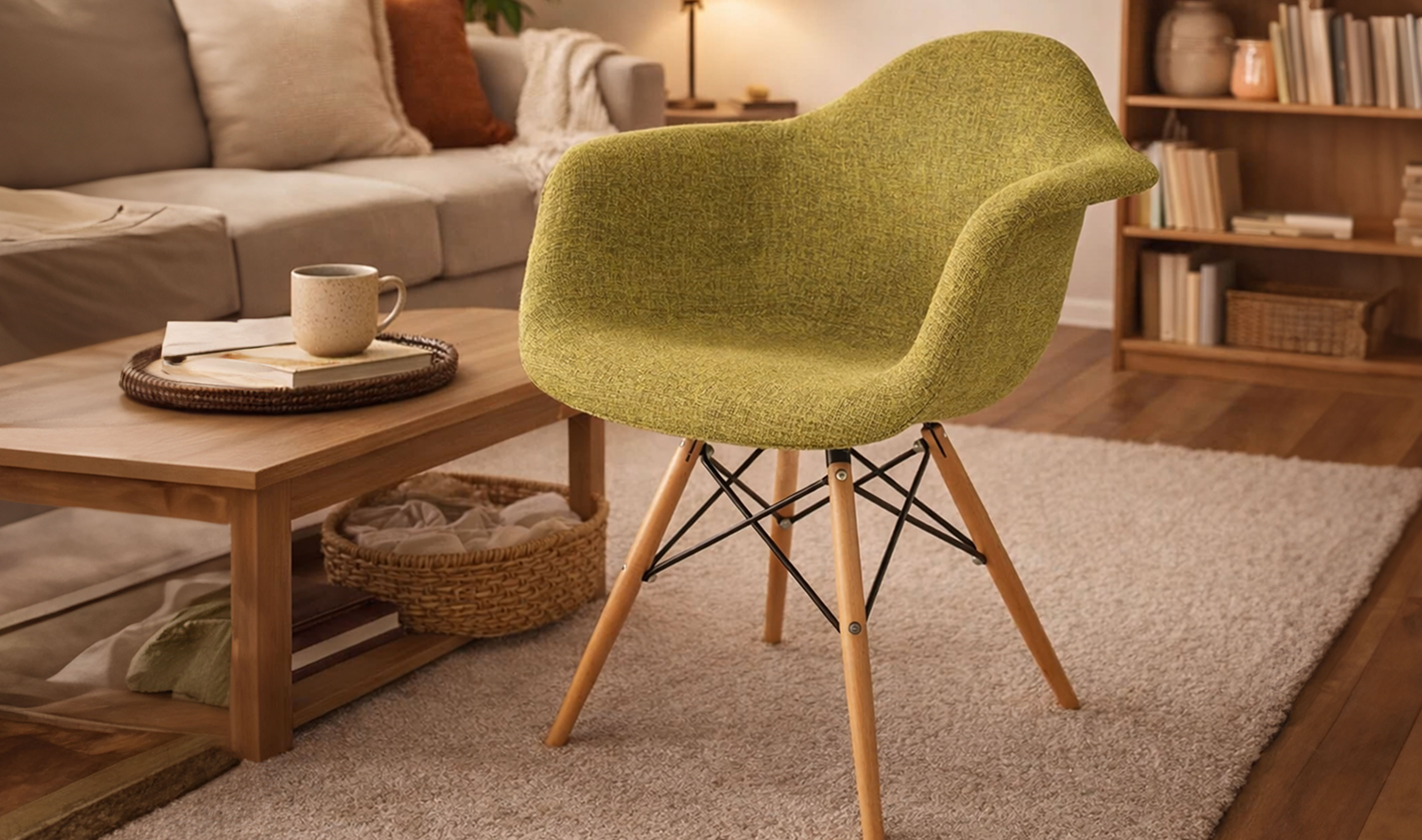 Modern green upholstered accent chair with wooden legs in cozy living room.