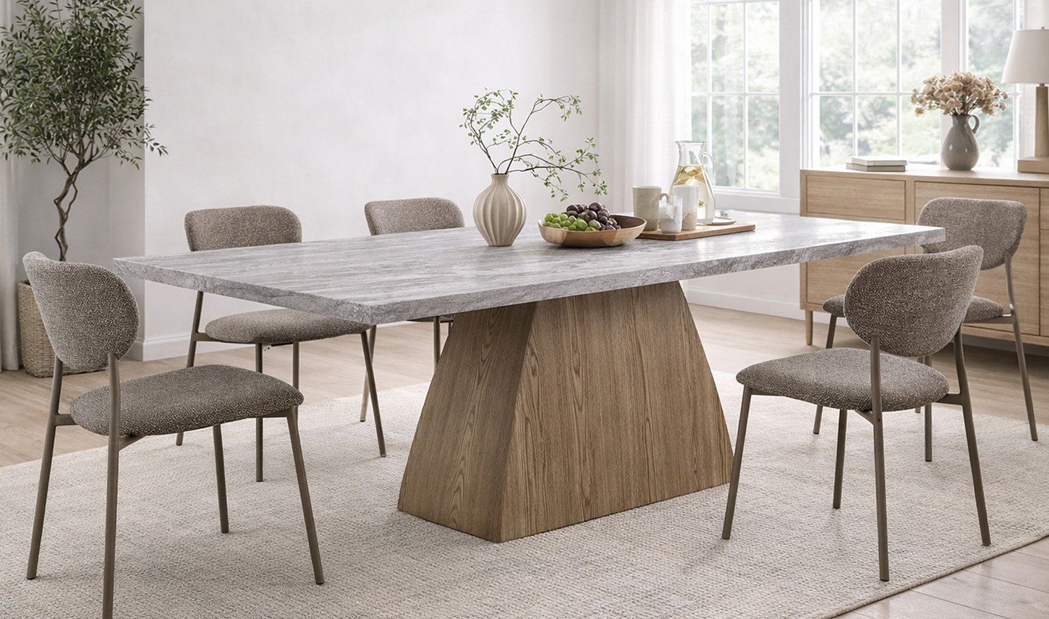 Modern dining table with marble-look top and wood base, styled with upholstered chairs in a bright room.