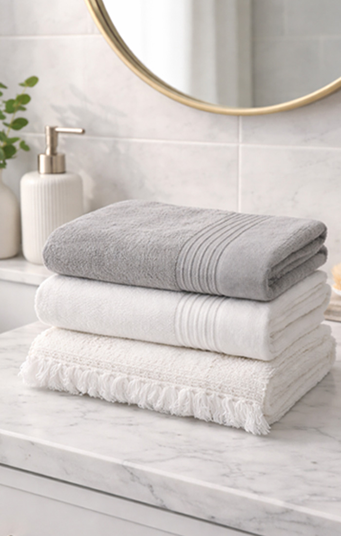 A "Mois du Blanc" promotional banner featuring a stack of folded bath towels.