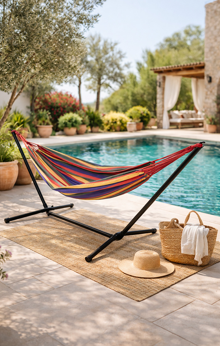 Colorful striped hammock on a black stand by a sunlit pool, with woven basket and towel creating a relaxed outdoor lifestyle setting.