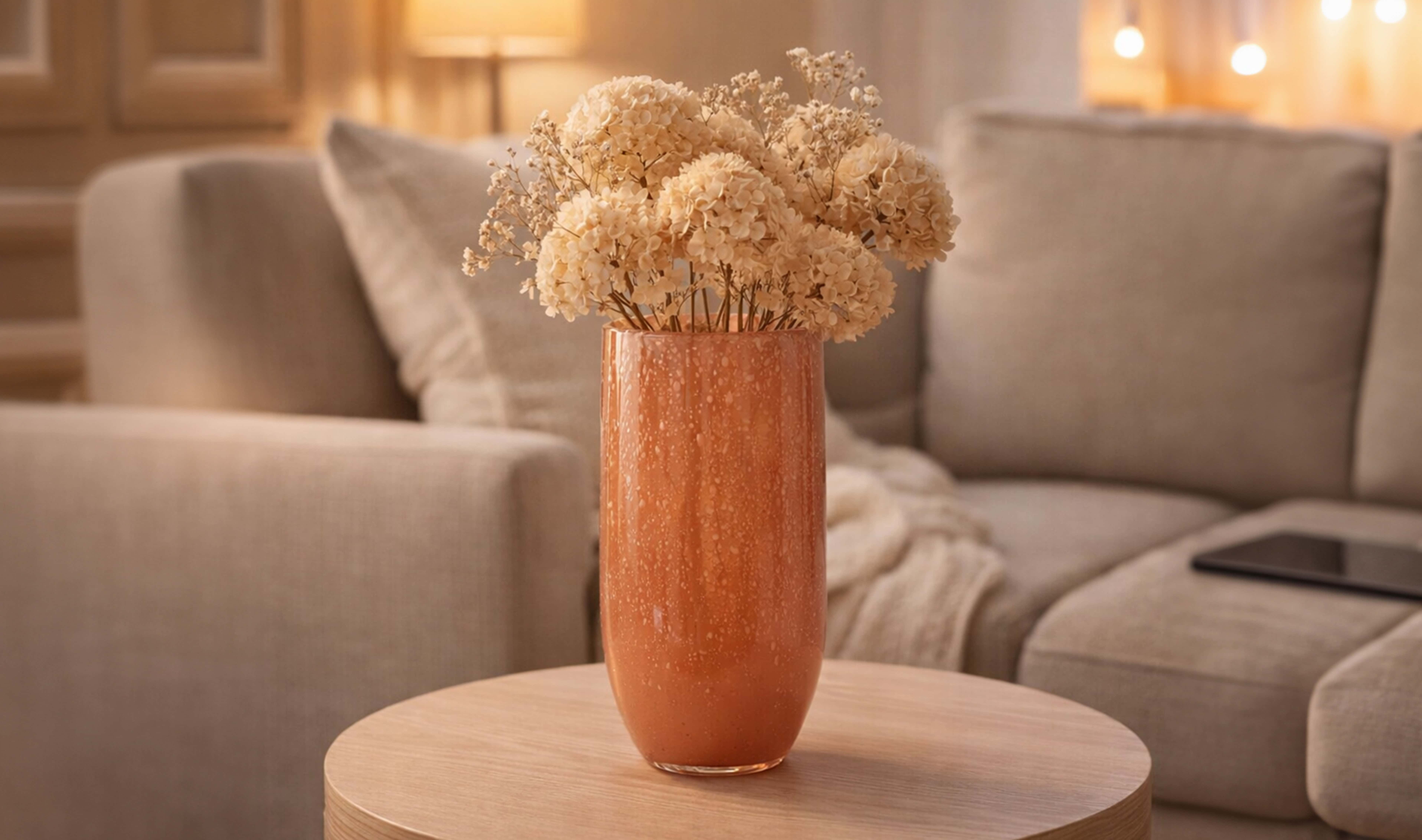 Decorative vase with dried flowers on a side table.