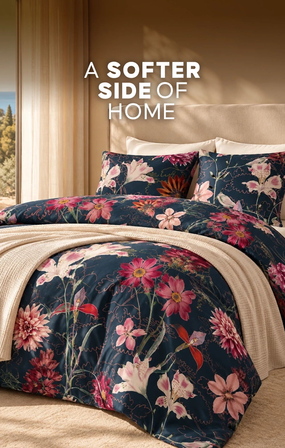 Dark navy floral duvet cover with colorful pink flowers and matching pillows on a bed.