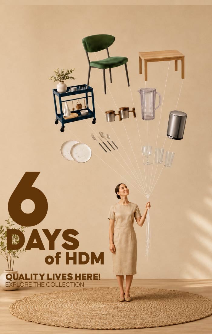 Modern home essentials and furniture floating above a woman in a minimalist beige interior.