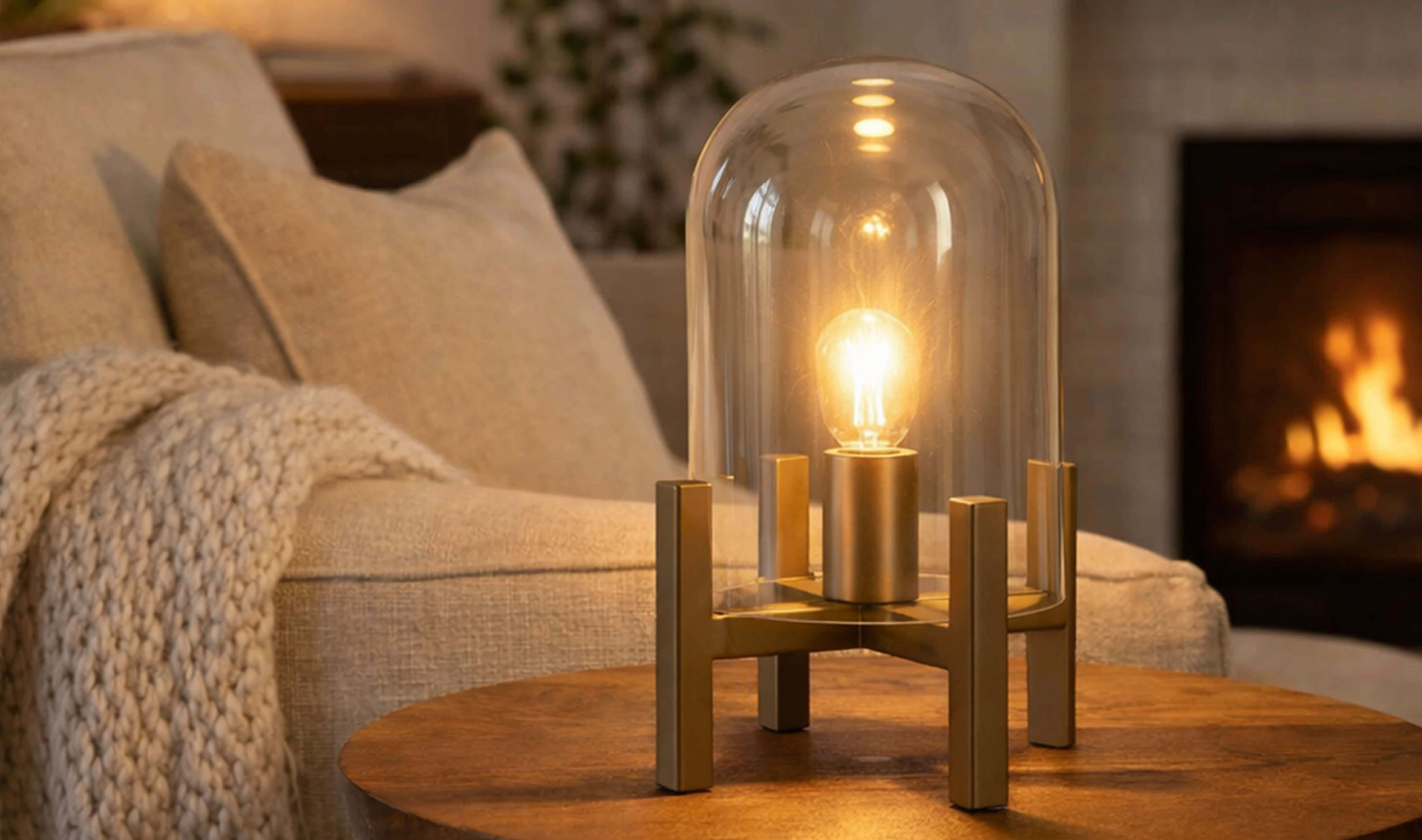 Modern glass table lamp on wooden side table in a cozy living room.