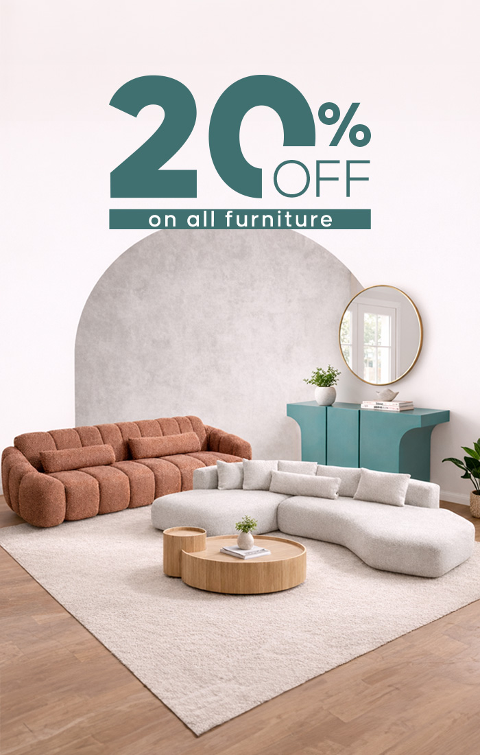 Furniture sale banner showing 20% off with modern sofas and elegant living room styling.