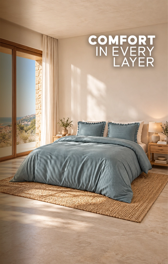 Elegant bedroom featuring a bed dressed in soft dusty blue textured bedding with matching pillows, wooden bedside tables, warm ambient lighting, natural decor and a woven.