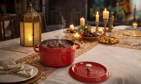 Modern kitchenware including cooking pots and utensils styled on a kitchen counter.