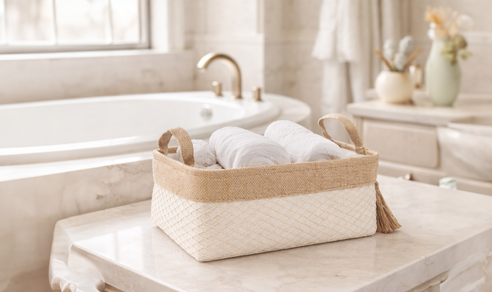 Modern neutral living room with upholstered sofas, wooden furniture, and warm decorative accents.