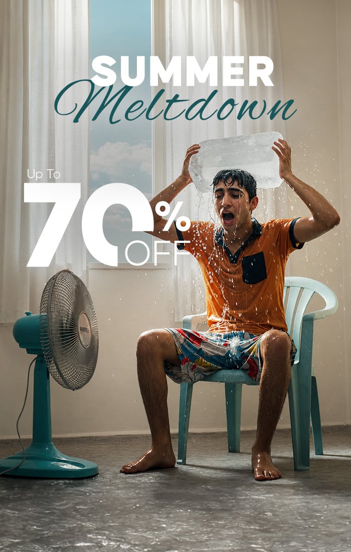 Summer Meltdown campaign banner featuring a person cooling off with water indoors, promoting up to 70% off summer sale offers.