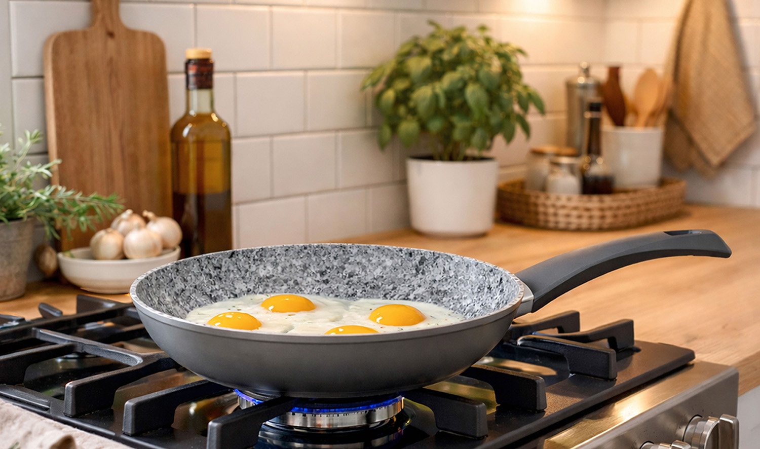 Non-stick frying pan with eggs cooking on a stovetop.