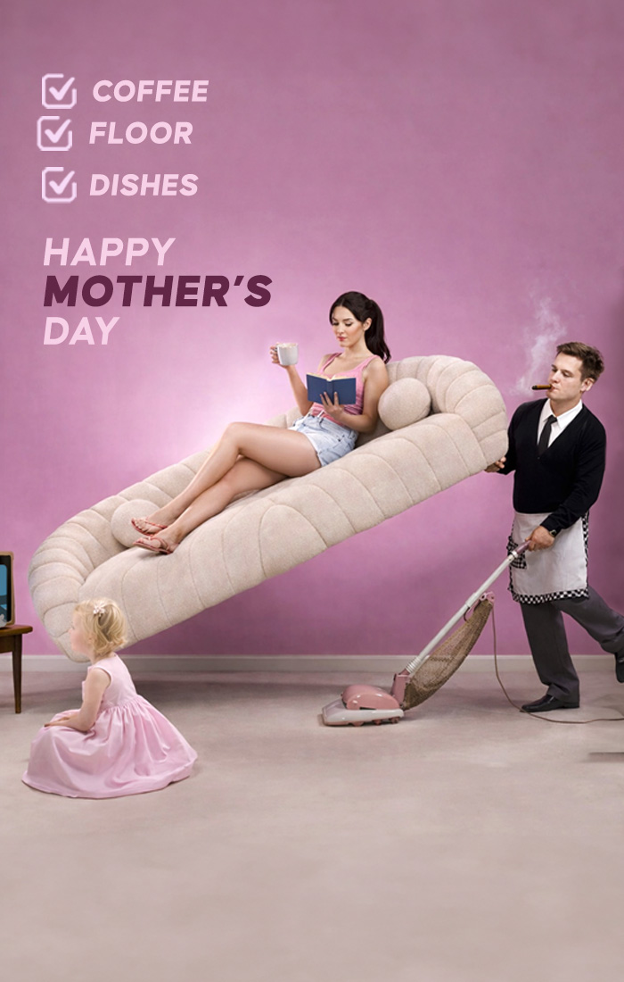Mother&rsquo;s Day ad featuring a woman relaxing on a floating chaise lounge while her partner vacuums below.